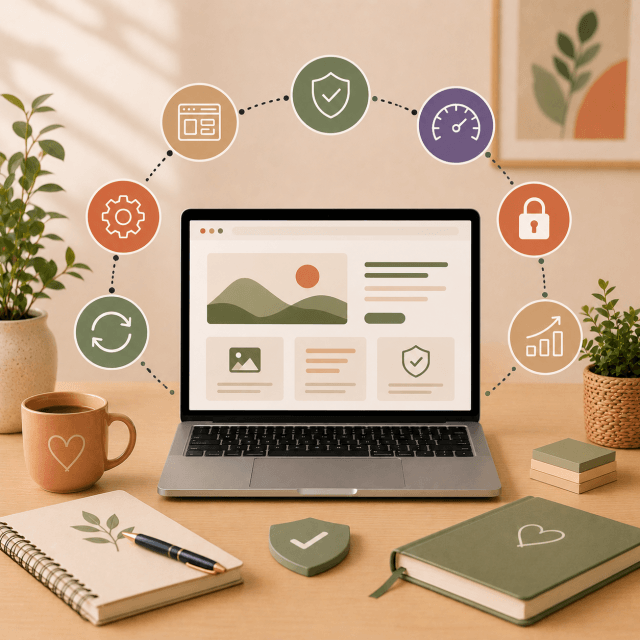 Small Business Website Maintenance and Updates Laptop displaying a business website surrounded by icons representing content updates, website security, performance and ongoing maintenance