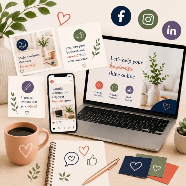 Social media content planning and management for small businesses, including branded posts, graphics and Facebook and Instagram support. Social media content planning and management for small businesses, including branded posts, graphics and Facebook and Instagram support.