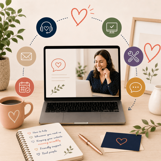 Friendly Ongoing Website Support and Assistance Customer support adviser wearing a headset on a laptop screen, surrounded by icons for technical assistance, email support and website help.