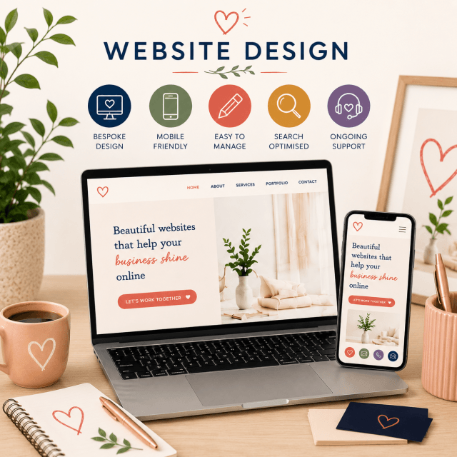 Bespoke Small Business Website Design | The Friendly Website Co. Website design illustration showing a laptop and smartphone with bespoke, mobile-friendly websites and icons for SEO and ongoing support