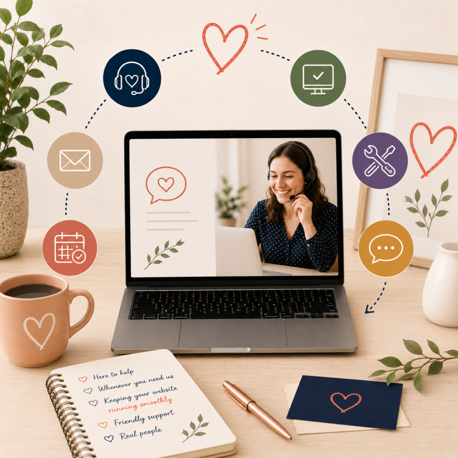 A laptop displaying a woman on a video call, surrounded by communication icons and notes.