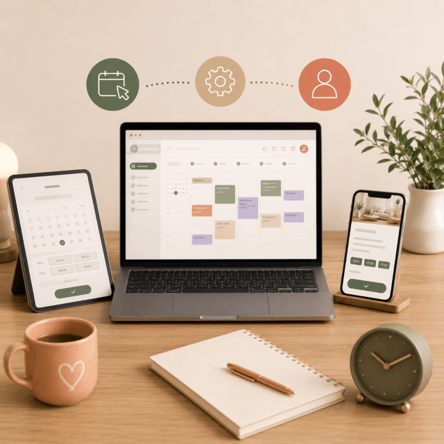 Online appointment booking system displayed on digital devices, showing a calendar for managing appointments, customer bookings and availability. Online appointment booking system displayed on digital devices, showing a calendar for managing appointments, customer bookings and availabi