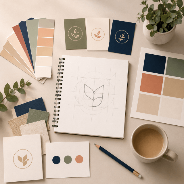 Logo Design and Brand Identity for Small Businesses Brand identity design workspace featuring a hand-drawn logo, colour palettes, business cards and creative branding materials.